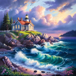 Painting of a lighthouse keeper's cottage on a rocky coast, waves crashing