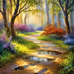 Painting of a winding forest path after rain, with puddles reflecting the sunlight